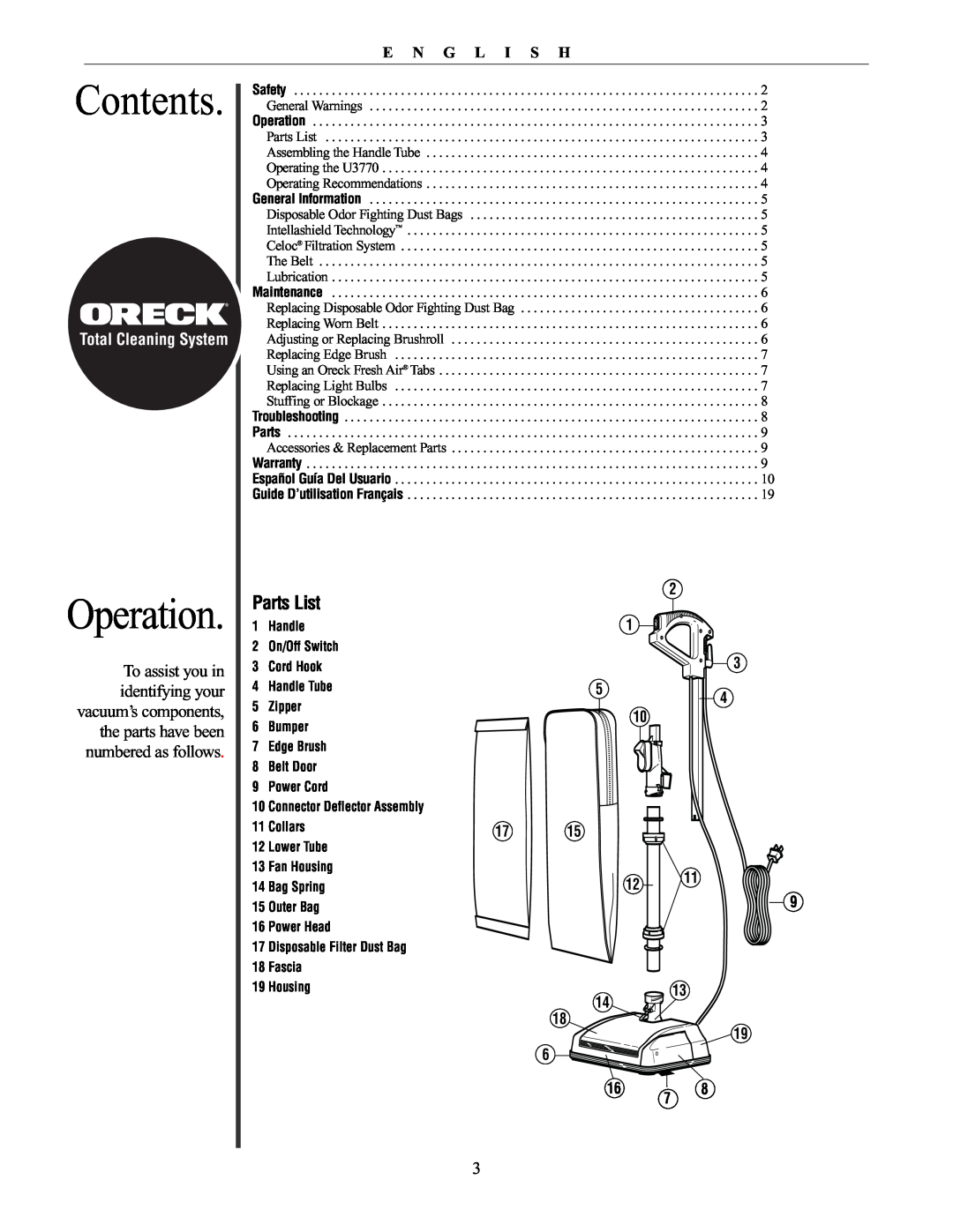 Oreck 76011-01REVC manual Contents, Operation, Parts List, Total Cleaning System, E N G L I S H 