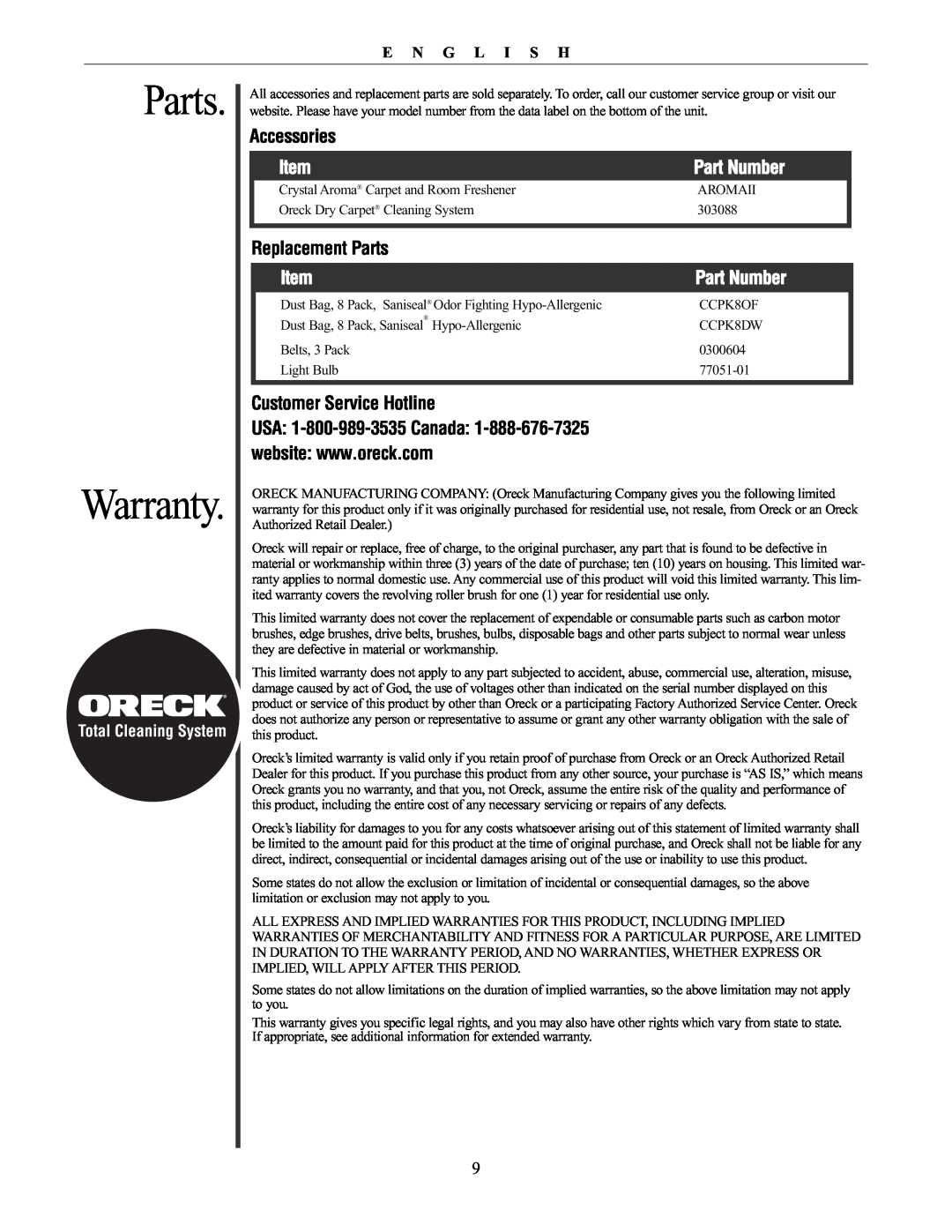 Oreck 76011-01REVC Parts Warranty, Accessories, Part Number, Replacement Parts, Customer Service Hotline, E N G L I S H 