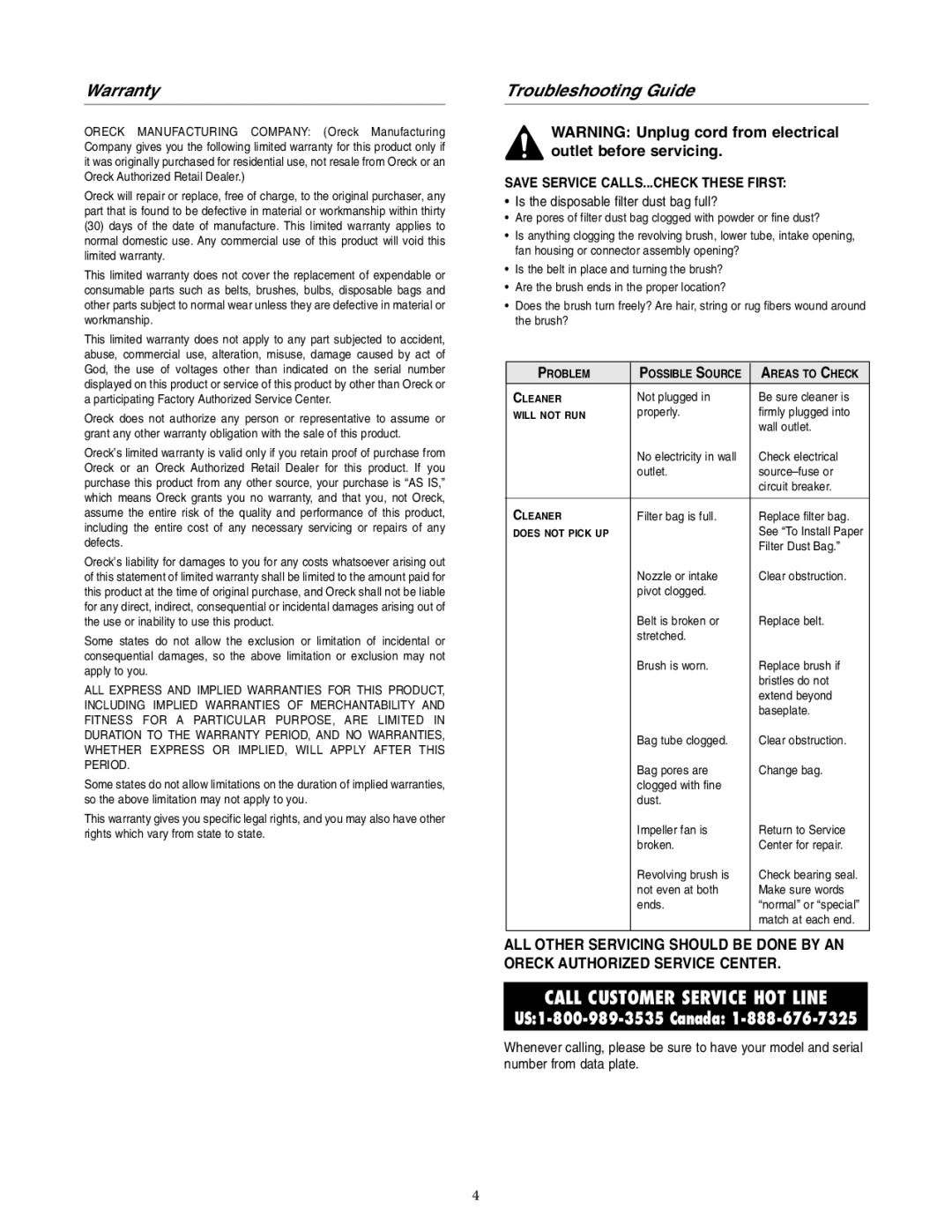 Oreck 77224-01REVC warranty Warranty, Troubleshooting Guide 