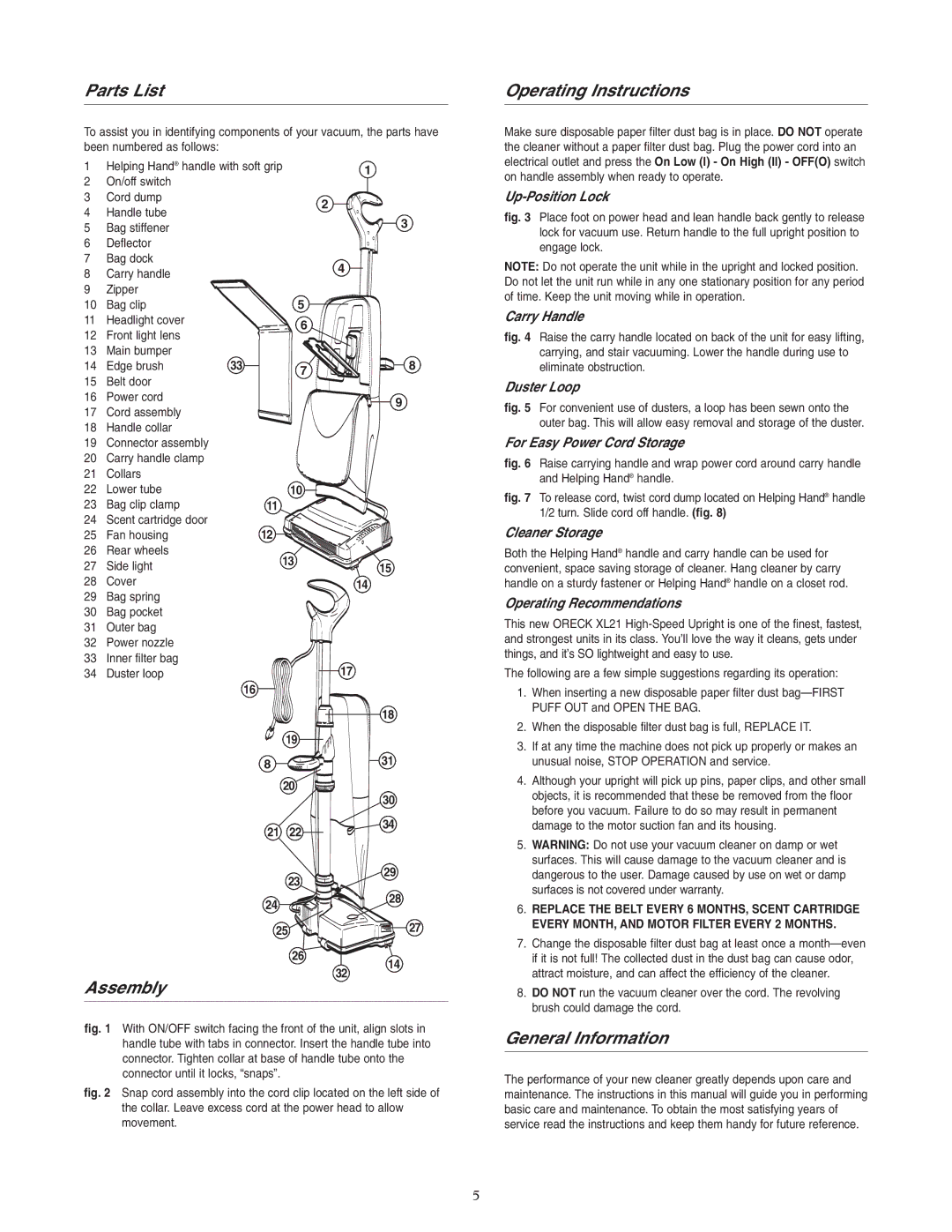 Oreck 77224-01REVC warranty Parts List, Assembly, Operating Instructions, General Information 