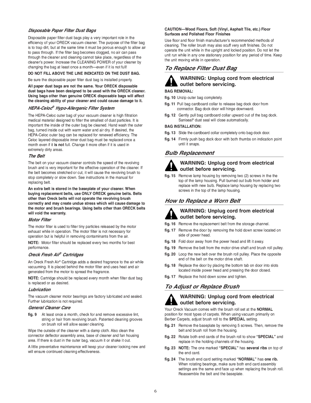 Oreck 77224-01REVC To Replace Filter Dust Bag, Bulb Replacement, How to Replace a Worn Belt, To Adjust or Replace Brush 