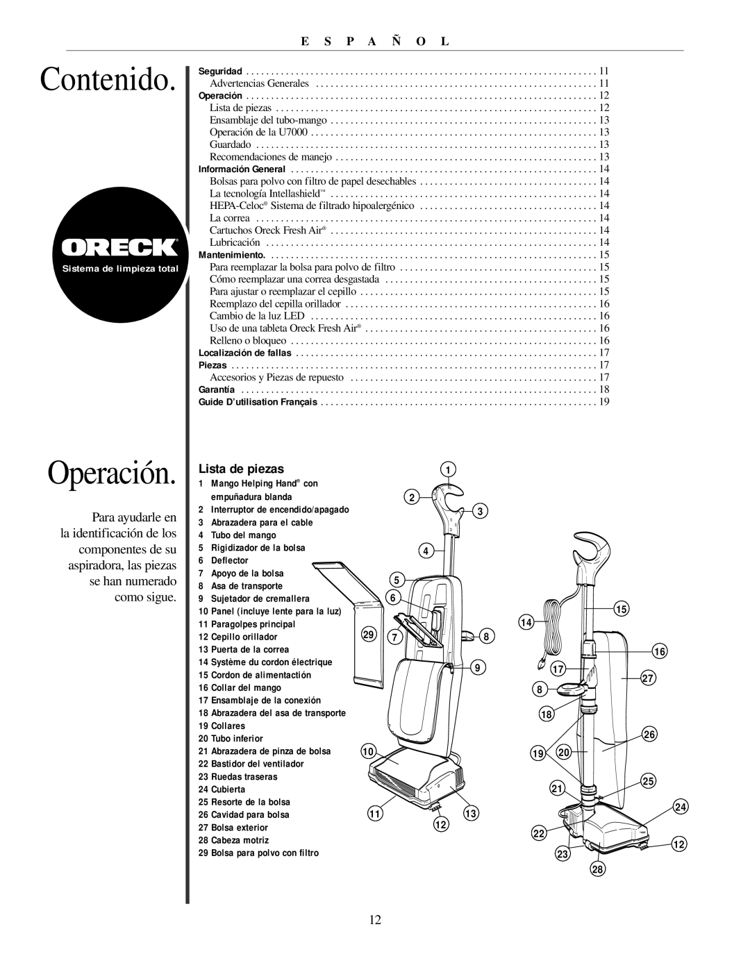 Oreck 79011-01REVB manual Contenido, Operación, Lista de piezas 