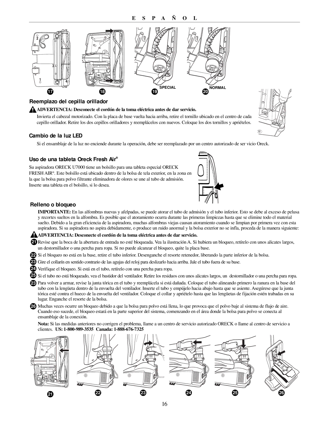 Oreck 79011-01REVB manual Reemplazo del cepilla orillador, Cambio de la luz LED, Uso de una tableta Oreck Fresh Air 