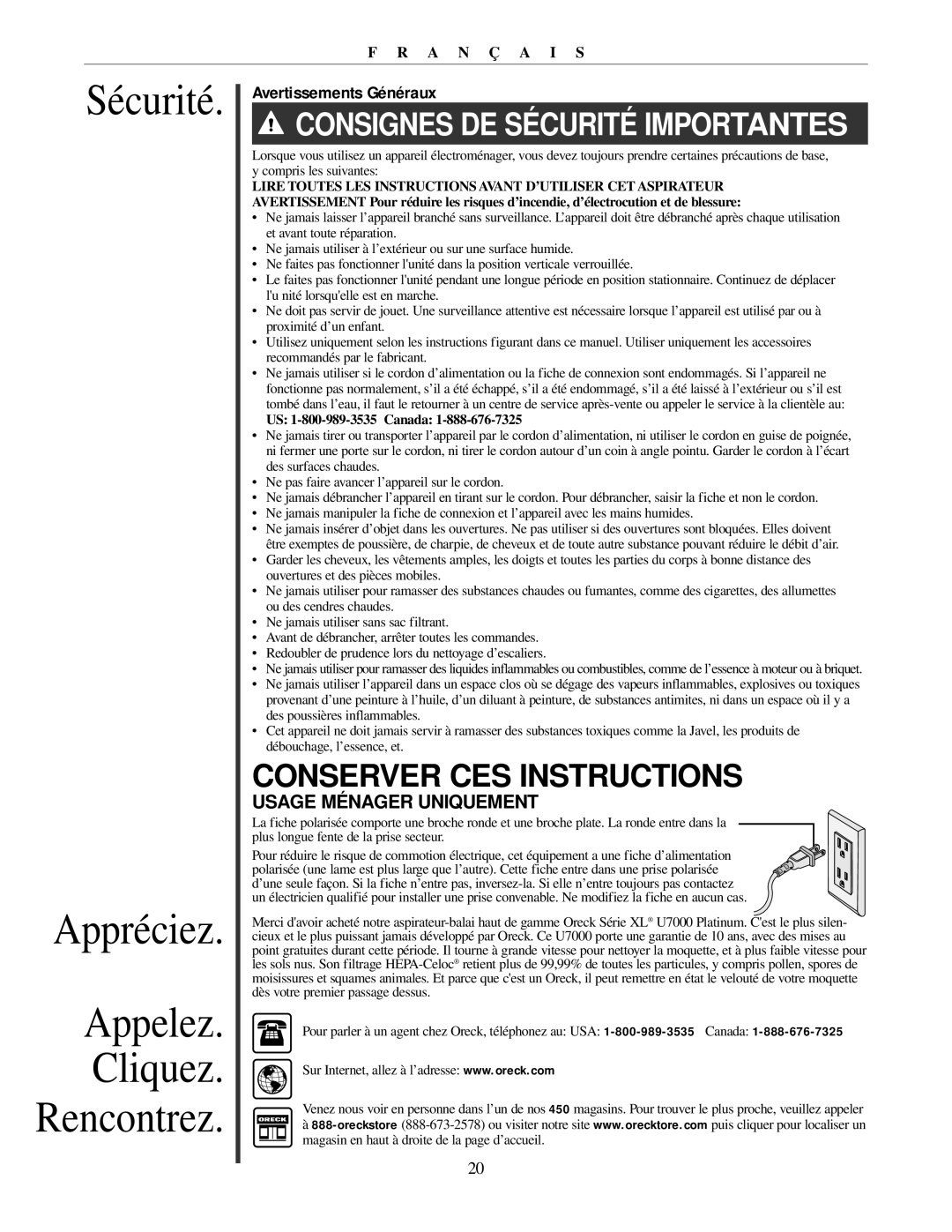 Oreck 79011-01REVB manual Sécurité Appréciez Appelez Cliquez Rencontrez, Avertissements Généraux 