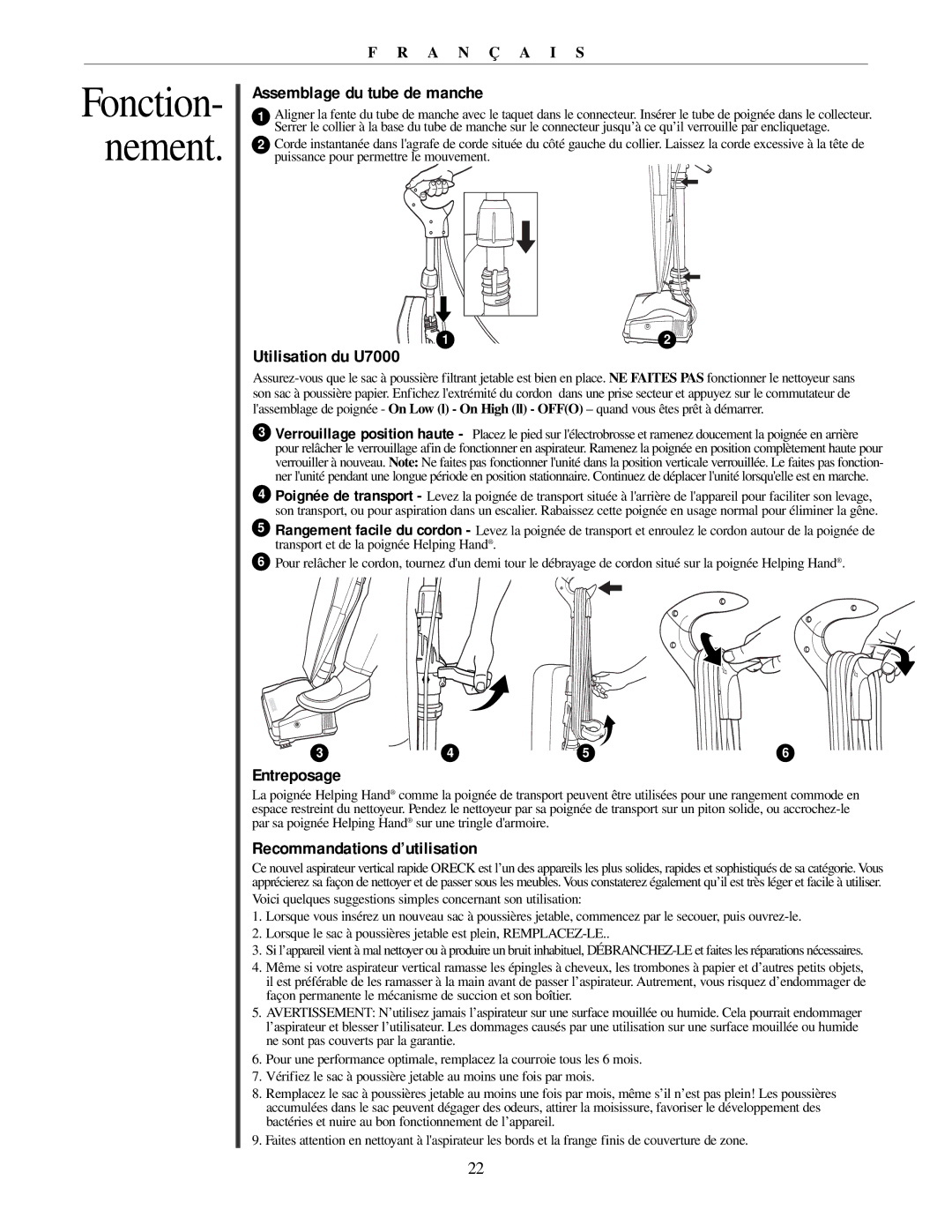 Oreck 79011-01REVB manual Assemblage du tube de manche, Utilisation du U7000, Entreposage, Recommandations d’utilisation 