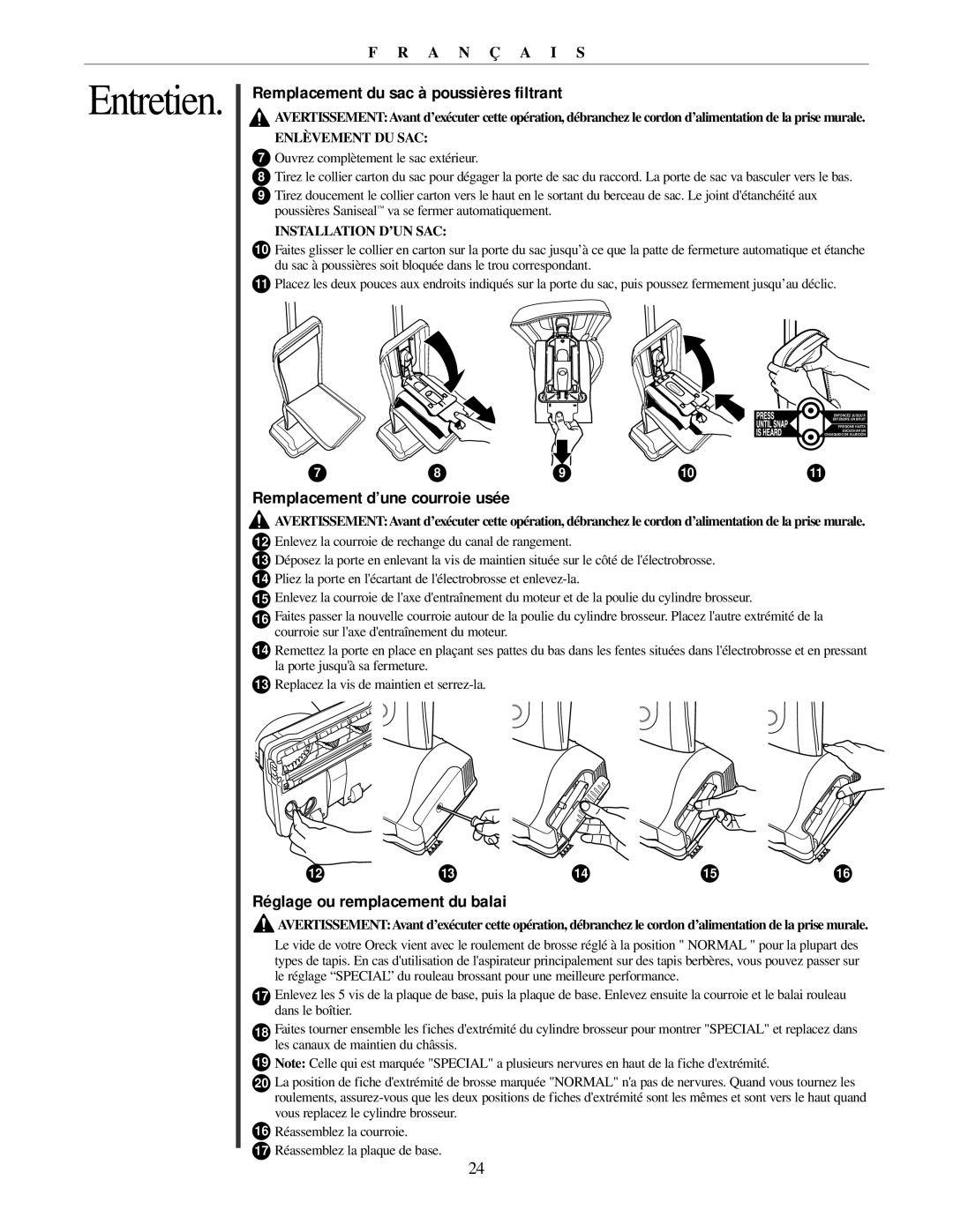 Oreck 79011-01REVB manual Remplacement du sac à poussières filtrant, Remplacement d’une courroie usée, Enlèvement DU SAC 