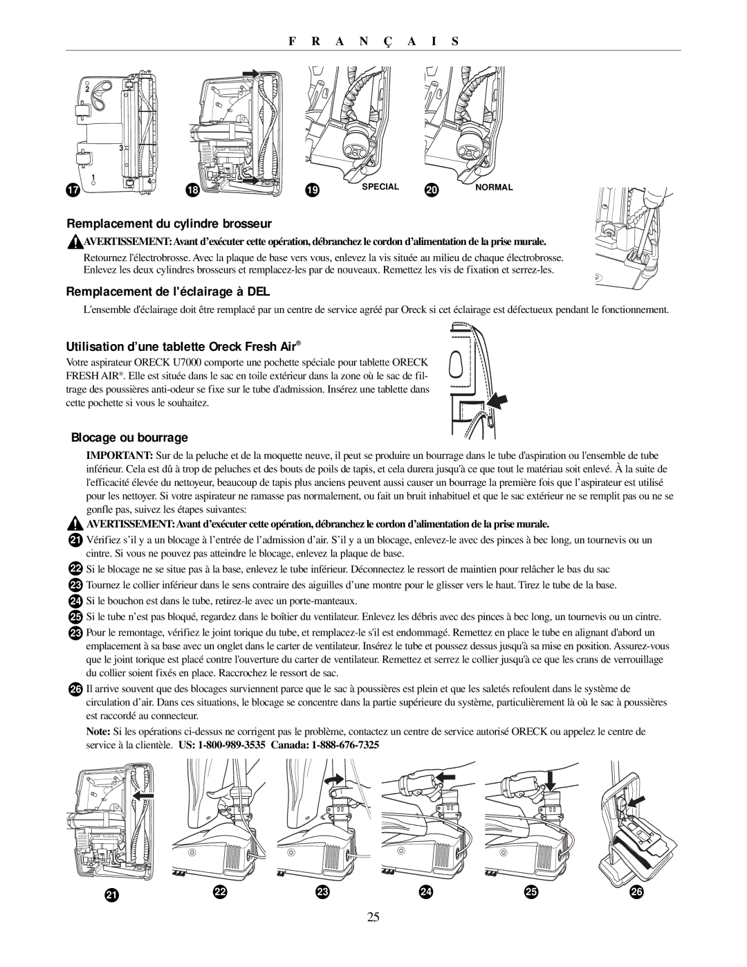 Oreck 79011-01REVB manual Remplacement du cylindre brosseur, Remplacement de léclairage à DEL, Blocage ou bourrage 