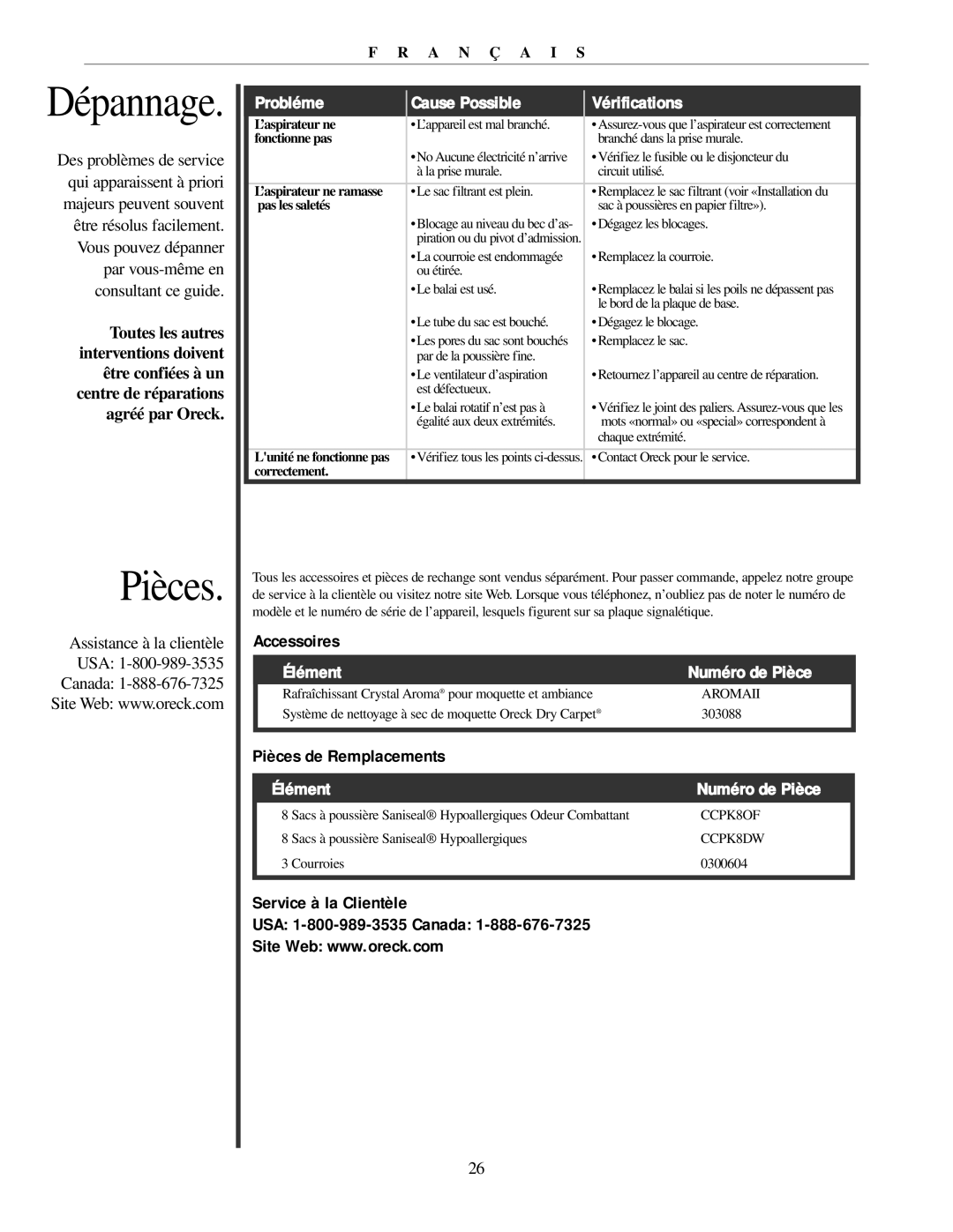 Oreck 79011-01REVB manual Accessoires, Pièces de Remplacements, Service à la Clientèle USA 1-800-989-3535 Canada 