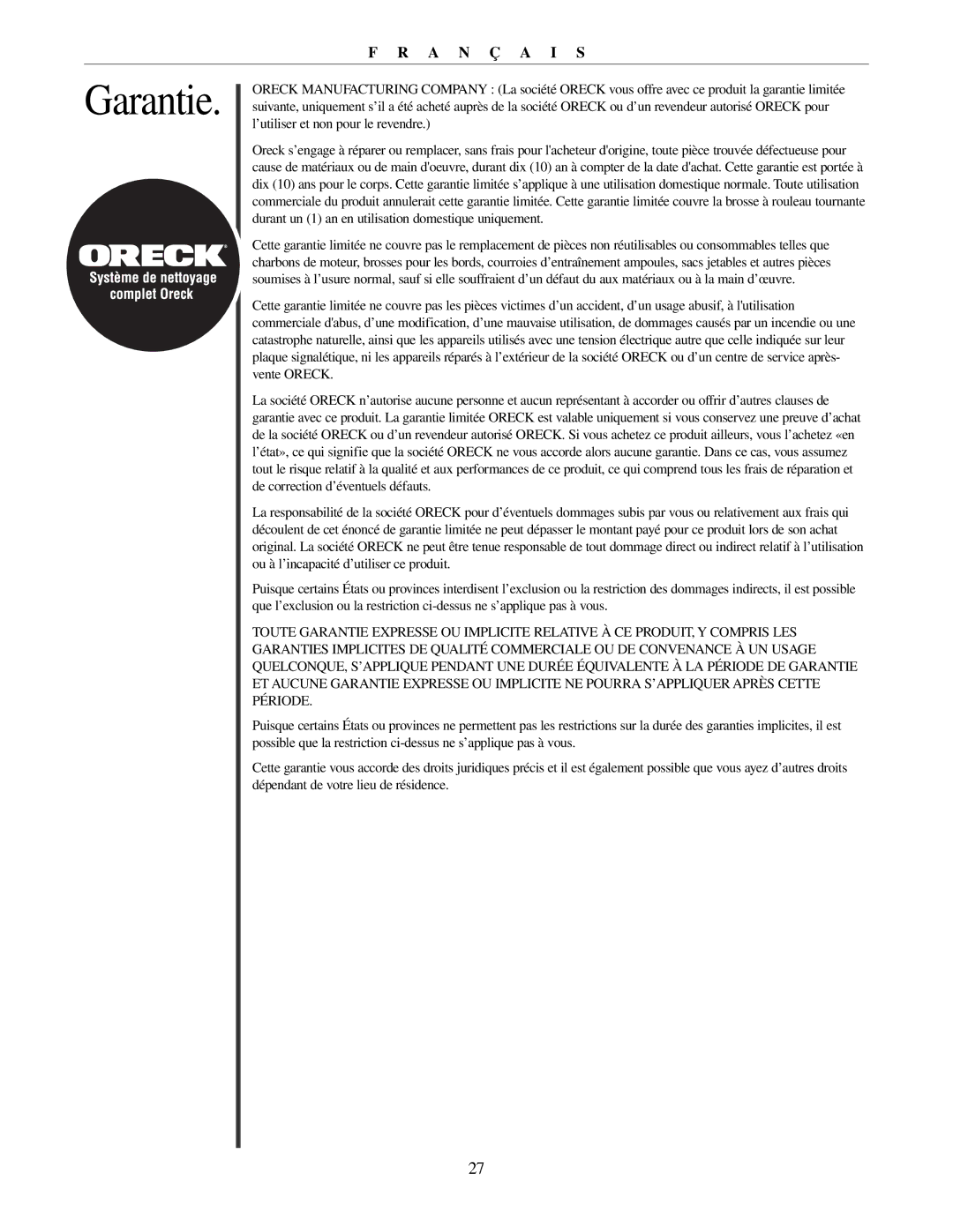 Oreck 79011-01REVB manual Garantie 