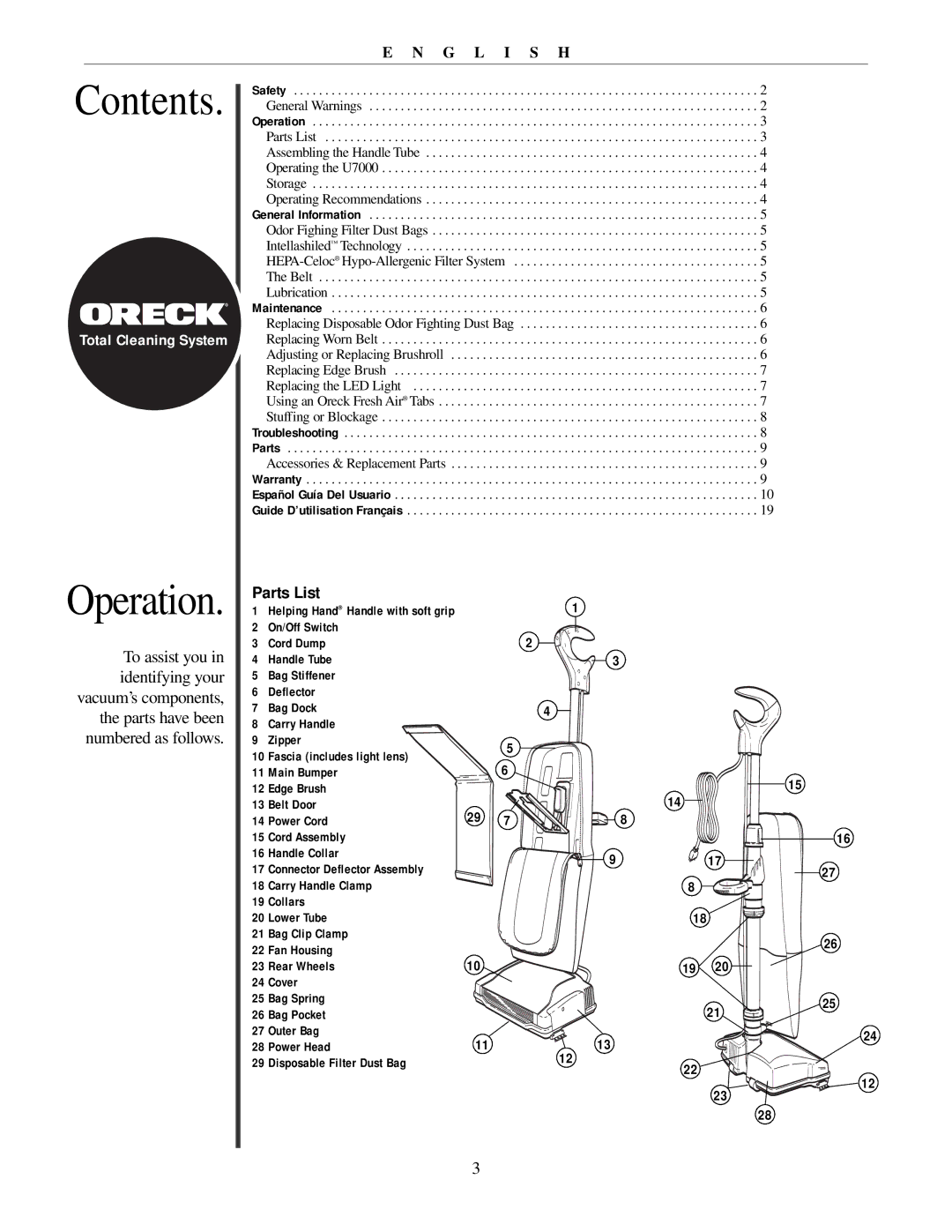 Oreck 79011-01REVB manual Contents, Operation 