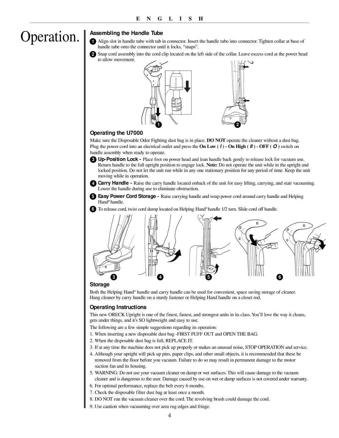 Oreck 79011-01REVB manual Assembling the Handle Tube, Operating the U7000, Storage, Operating Instructions 