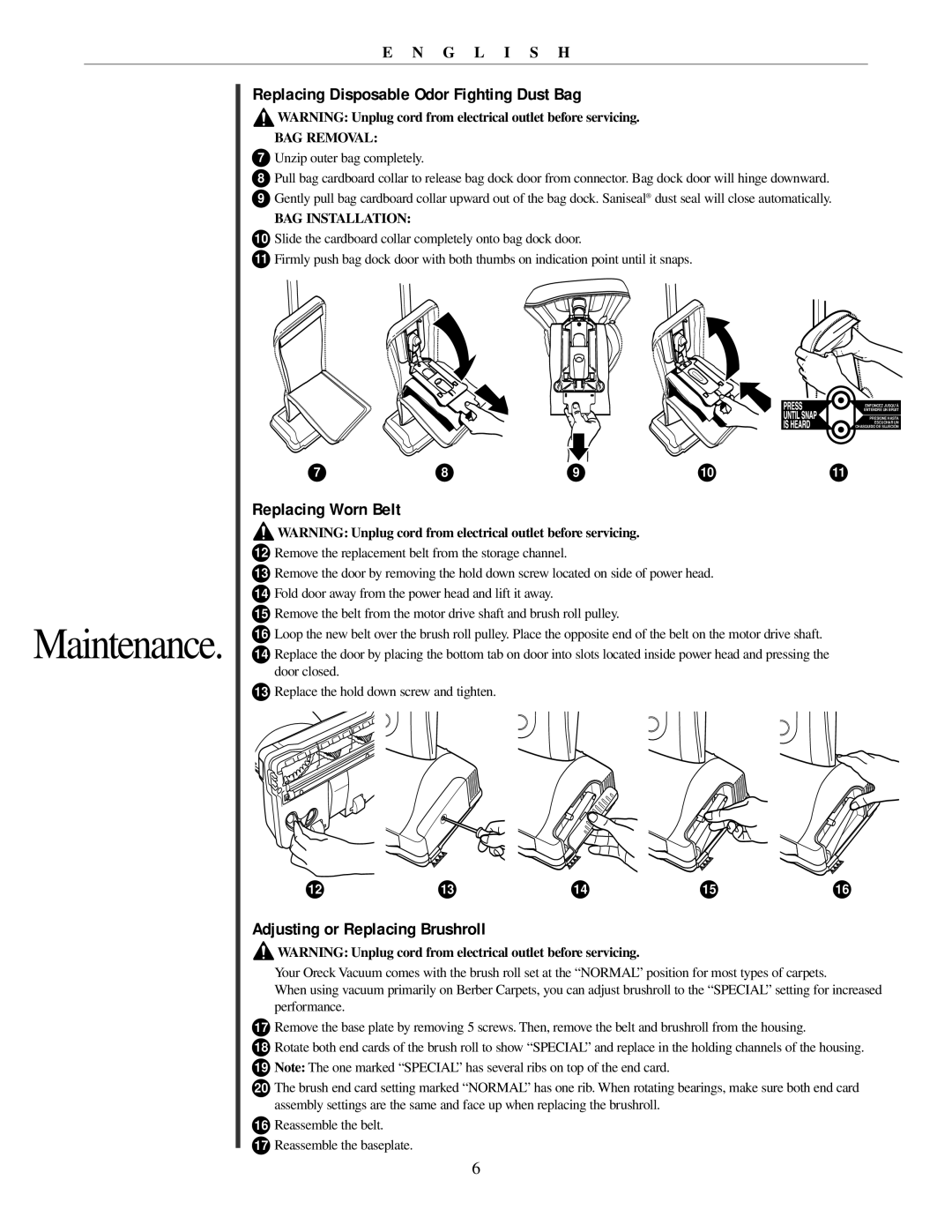 Oreck 79011-01REVB Replacing Disposable Odor Fighting Dust Bag, Replacing Worn Belt, Adjusting or Replacing Brushroll 