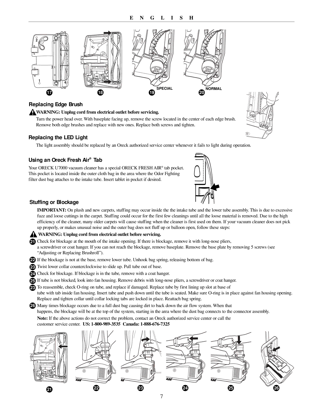 Oreck 79011-01REVB manual Replacing Edge Brush, Replacing the LED Light, Using an Oreck Fresh Air Tab, Stuffing or Blockage 