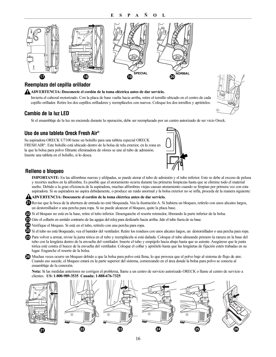 Oreck 79030-01REVA manual Reemplazo del cepilla orillador, Cambio de la luz LED, Uso de una tableta Oreck Fresh Air 