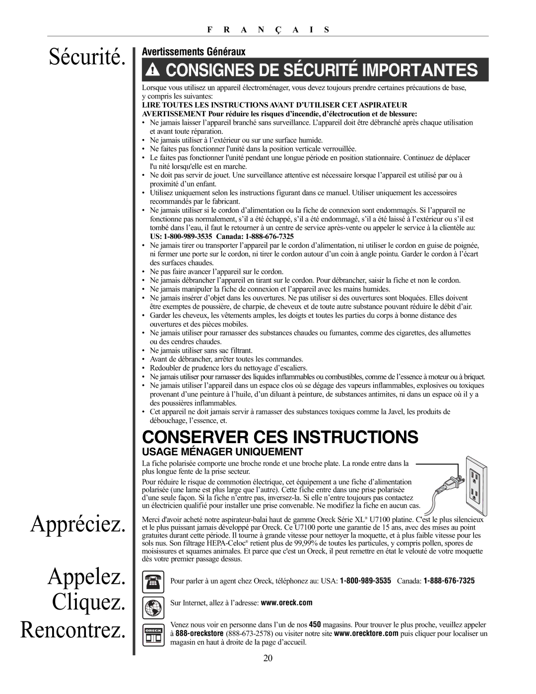 Oreck 79030-01REVA manual Sécurité Appréciez Appelez Cliquez Rencontrez, Avertissements Généraux 