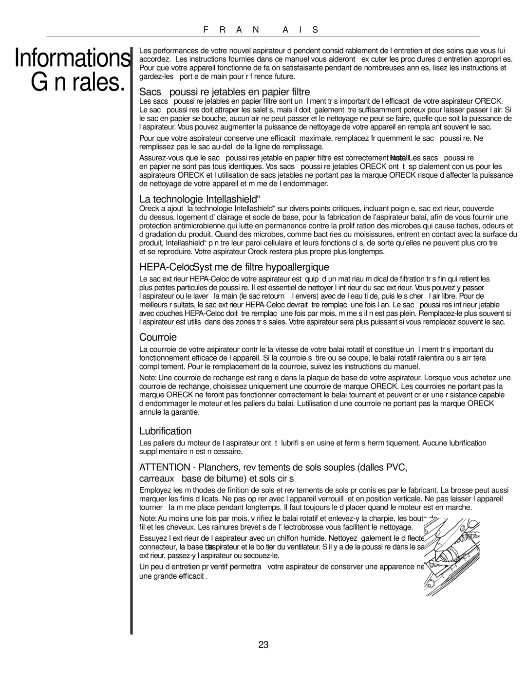 Oreck 79030-01REVA manual Sacs à poussière jetables en papier filtre, La technologie Intellashield, Courroie, Lubrification 