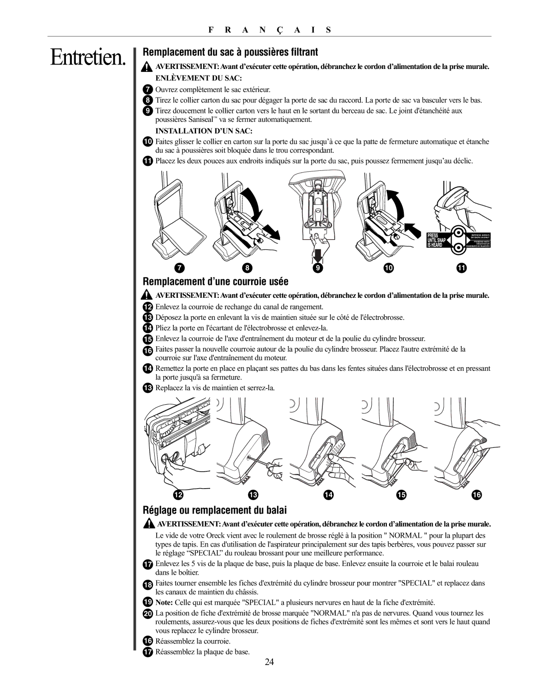 Oreck 79030-01REVA manual Remplacement du sac à poussières filtrant, Remplacement d’une courroie usée, Enlèvement DU SAC 