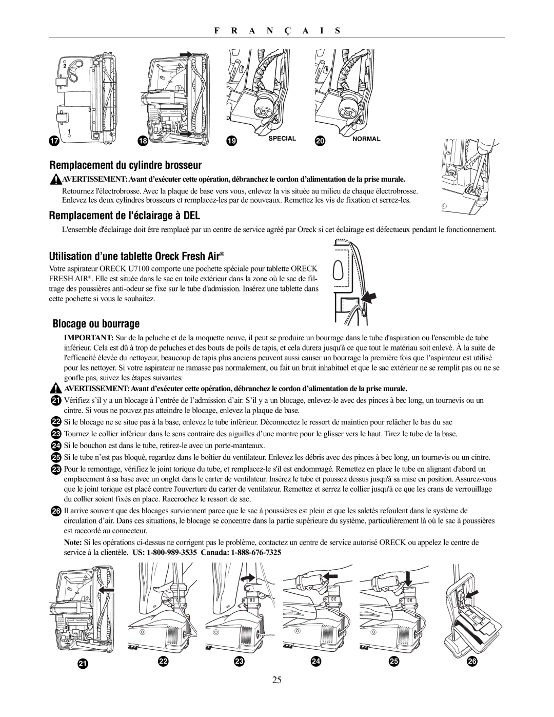 Oreck 79030-01REVA manual Remplacement du cylindre brosseur, Remplacement de léclairage à DEL, Blocage ou bourrage 