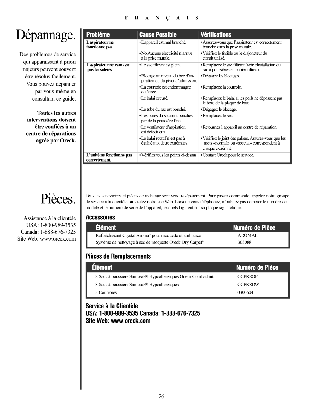 Oreck 79030-01REVA manual Accessoires, Pièces de Remplacements, Service à la Clientèle USA 1-800-989-3535 Canada 