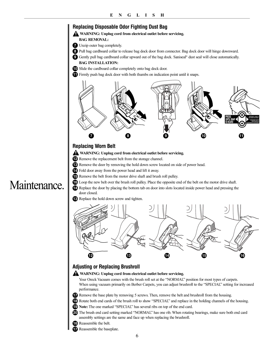 Oreck 79030-01REVA Replacing Disposable Odor Fighting Dust Bag, Replacing Worn Belt, Adjusting or Replacing Brushroll 