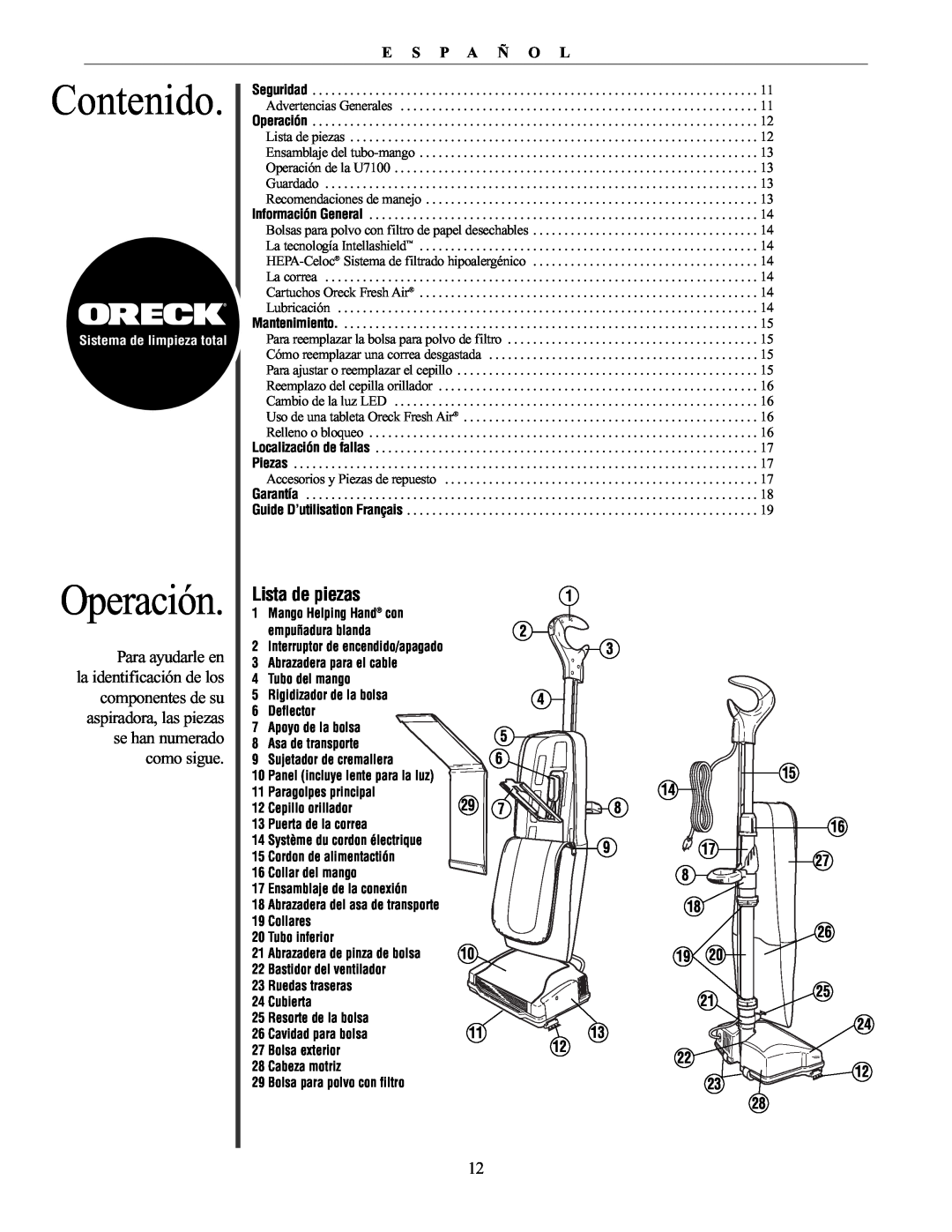 Oreck 79030-01REVA manual Contenido, Operación, Lista de piezas, E S P A Ñ O L 