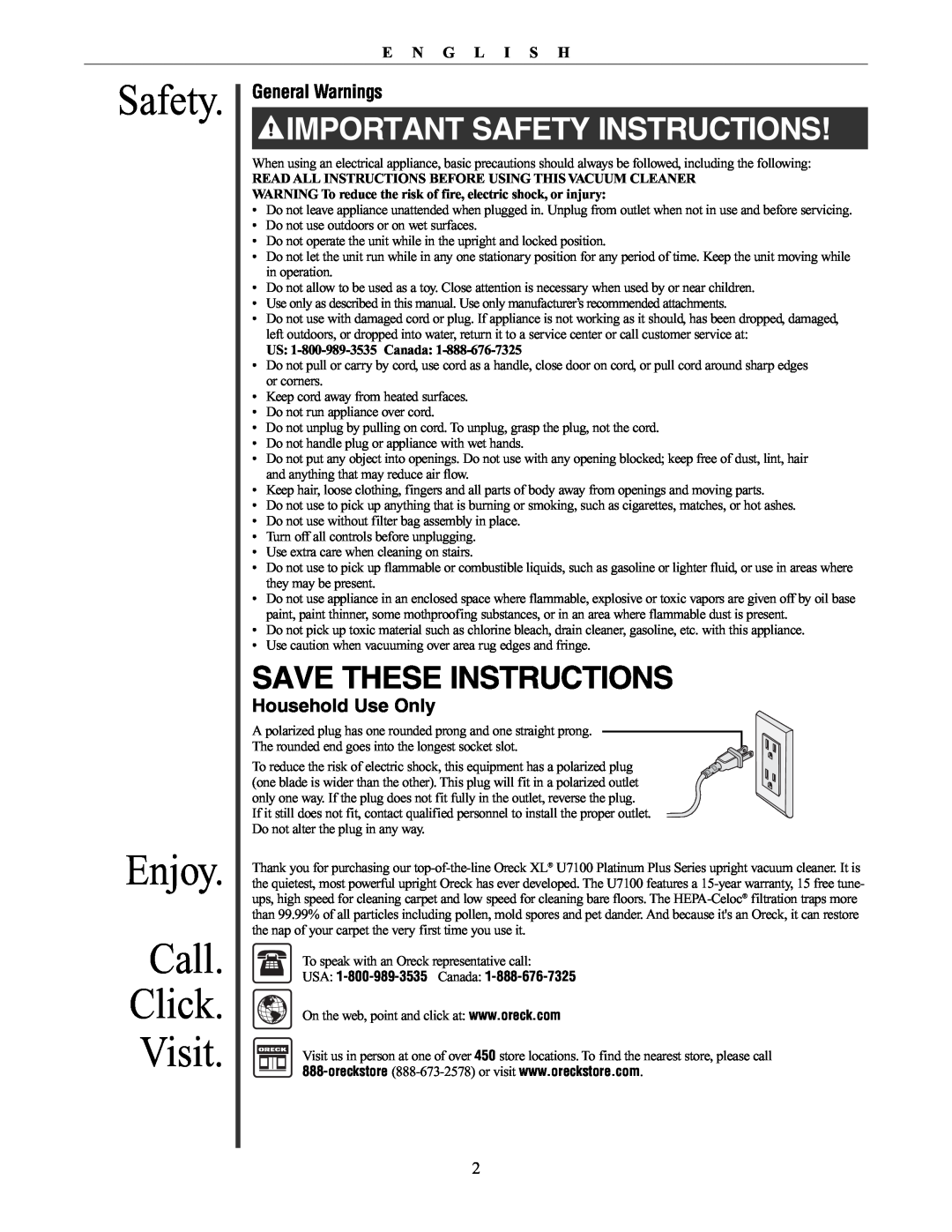 Oreck 79030-01REVA manual Safety Enjoy Call Click Visit, Save These Instructions, General Warnings, Household Use Only 