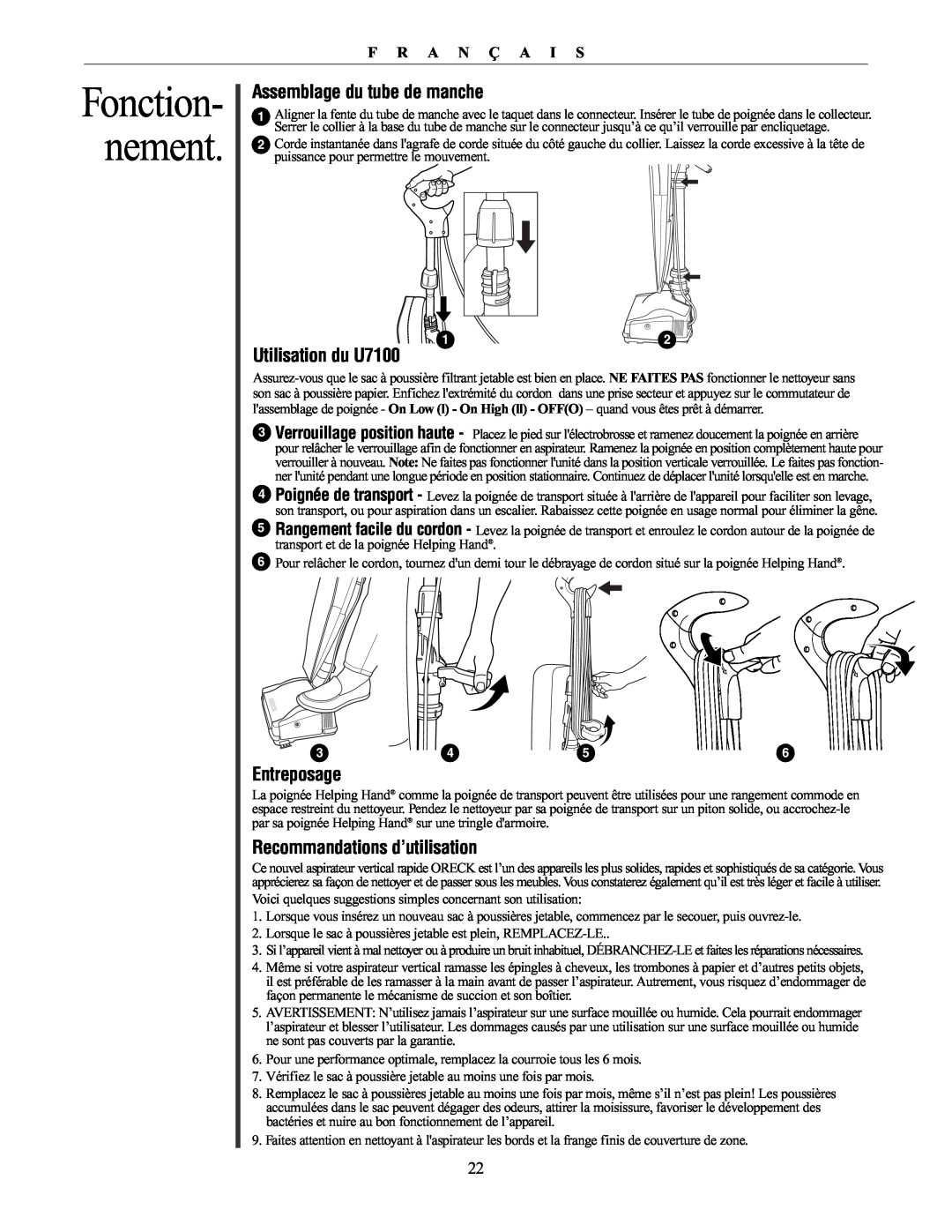 Oreck 79030-01REVA manual Assemblage du tube de manche, Utilisation du U7100, Entreposage, Recommandations d’utilisation 
