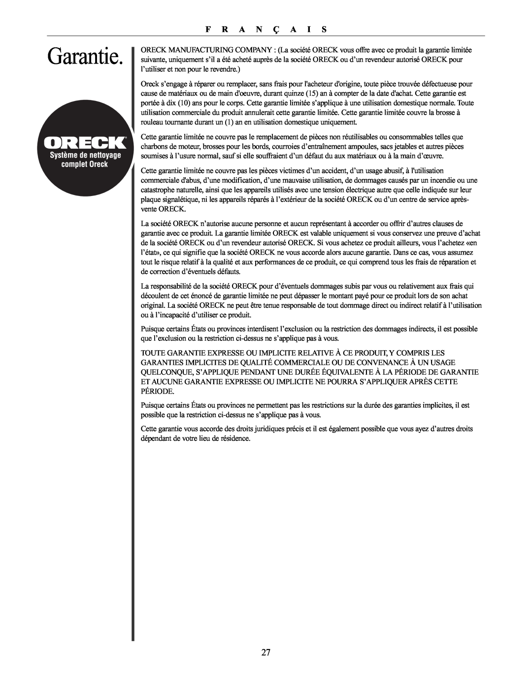 Oreck 79030-01REVA manual Garantie, F R A N Ç A I S 