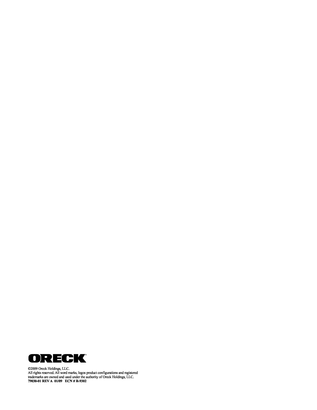Oreck 79030-01REVA manual Oreck Holdings, LLC, 79030-01REV A 01/09 ECN # R-9302 