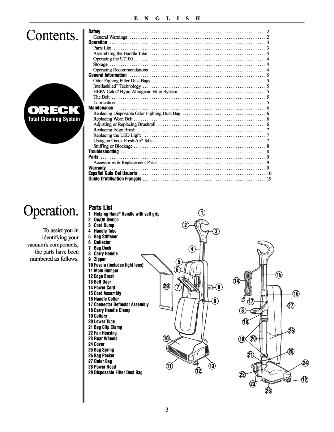 Oreck 79030-01REVA manual Contents, Operation, Parts List, E N G L I S H, Total Cleaning System 