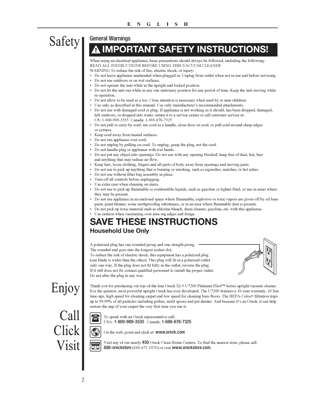 Oreck 79052-01REVA manual Safety Enjoy Call Click Visit, General Warnings, Household Use Only 