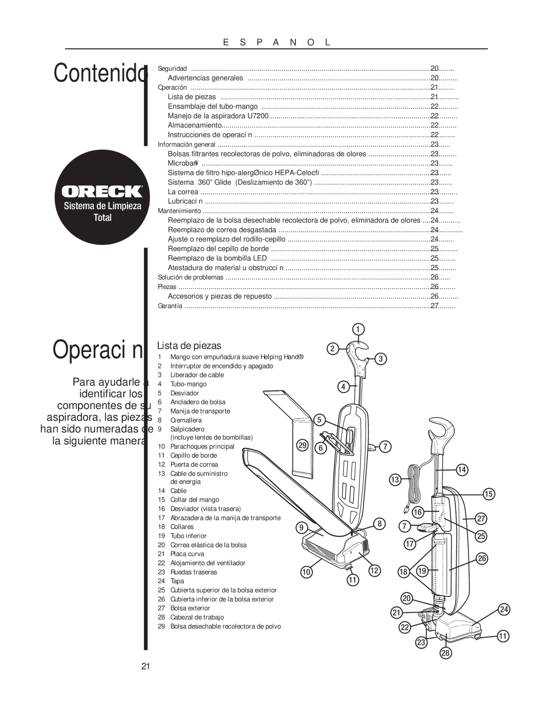 Oreck 79052-01REVA manual Contenido, Operación, Lista de piezas, Sistema de Limpieza Total 