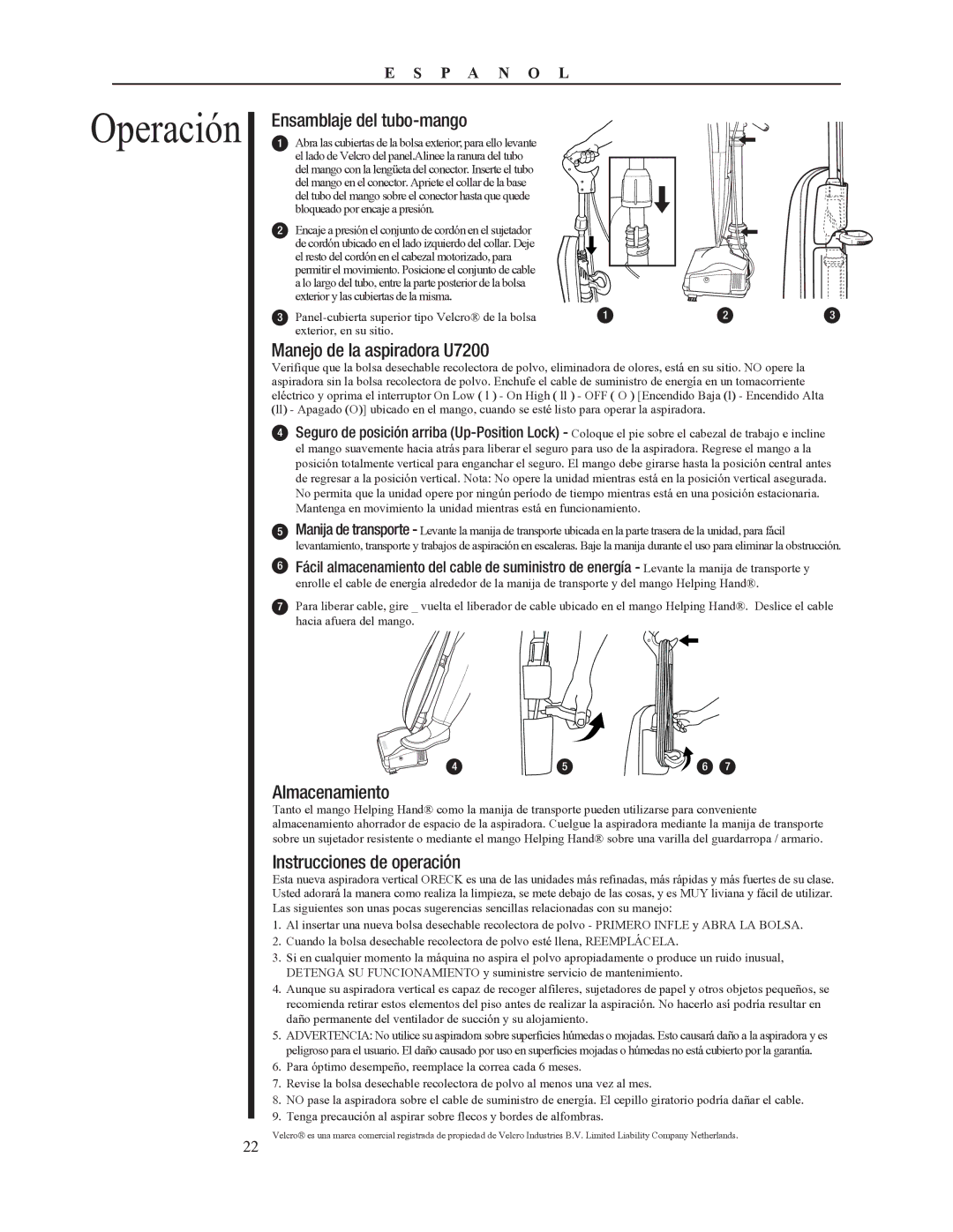 Oreck 79052-01REVA Ensamblaje del tubo-mango, Manejo de la aspiradora U7200, Almacenamiento, Instrucciones de operación 