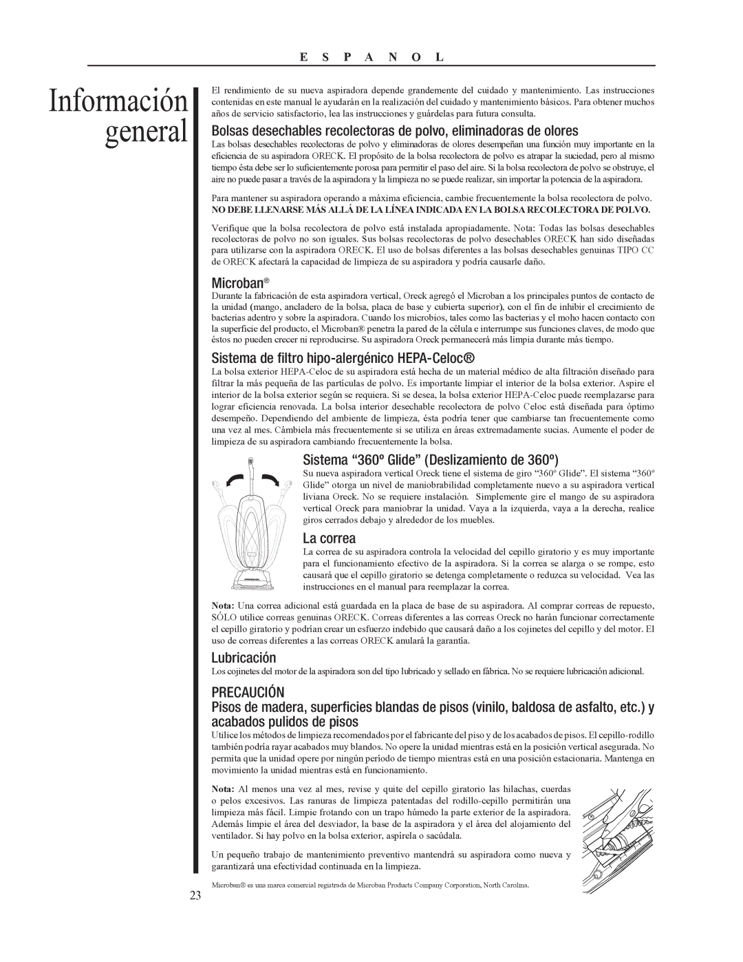 Oreck 79052-01REVA manual Información general, Sistema de filtro hipo-alergénico HEPA-Celoc, La correa, Lubricación 