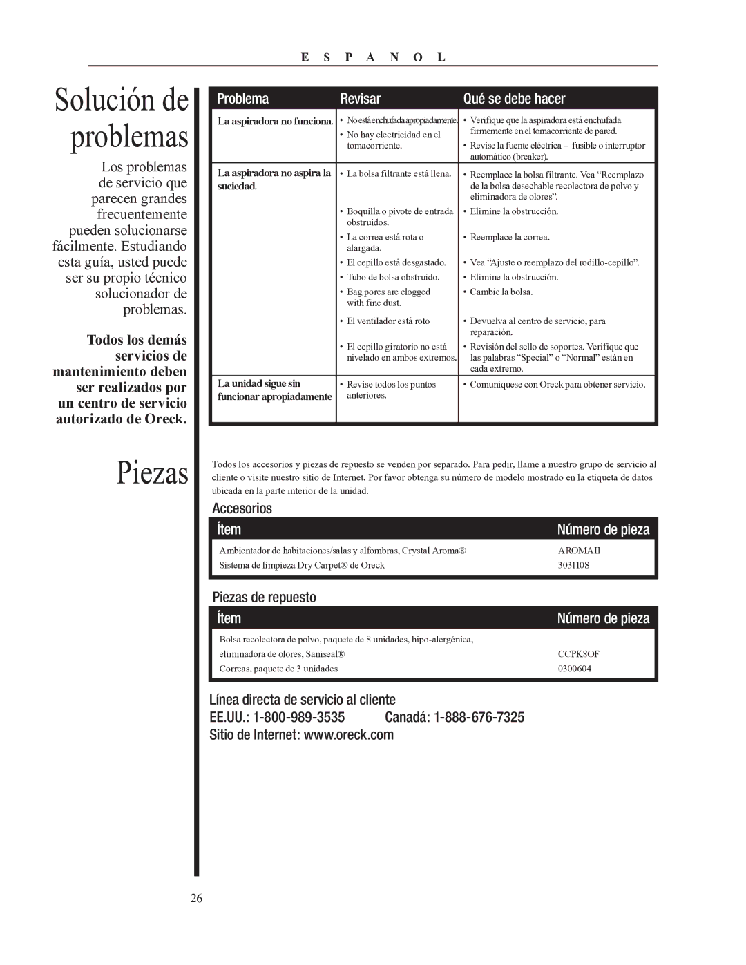 Oreck 79052-01REVA manual Problema Revisar Qué se debe hacer, Accesorios, Ítem, Piezas de repuesto 