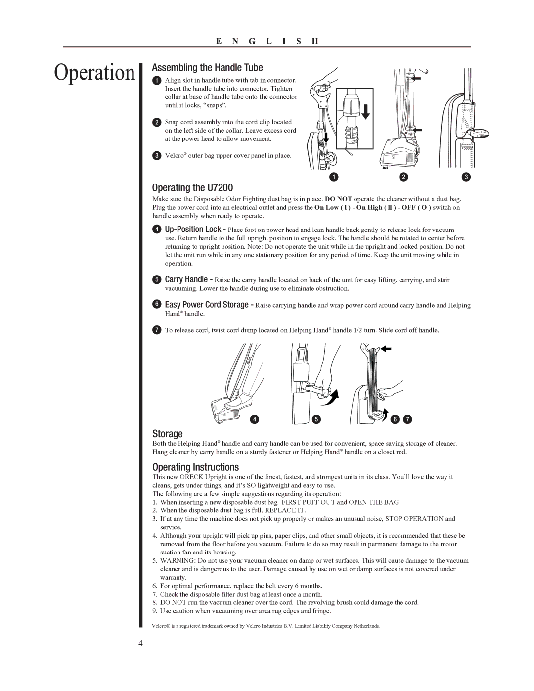 Oreck 79052-01REVA manual Assembling the Handle Tube, Operating the U7200, Storage, Operating Instructions 