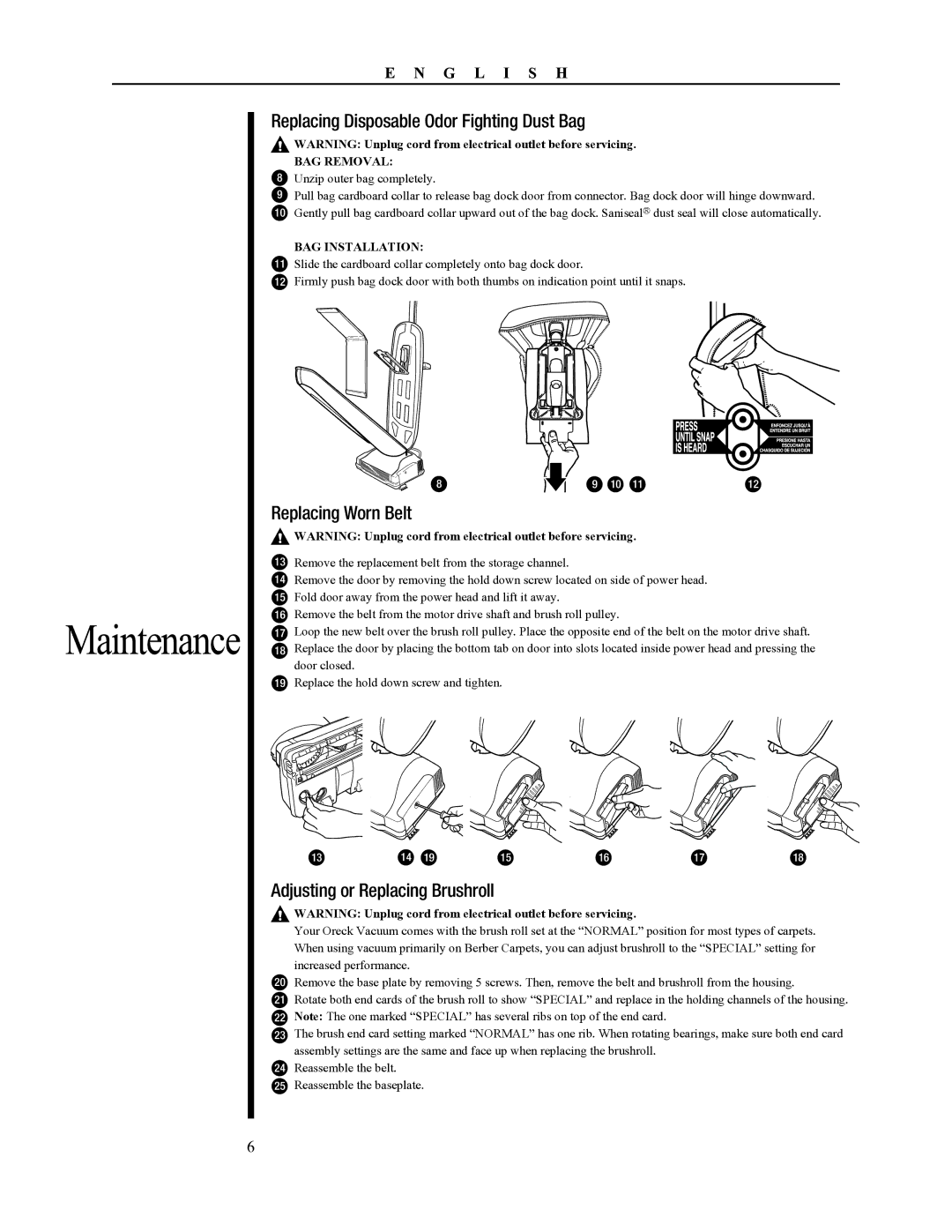 Oreck 79052-01REVA Replacing Disposable Odor Fighting Dust Bag, Replacing Worn Belt, Adjusting or Replacing Brushroll 