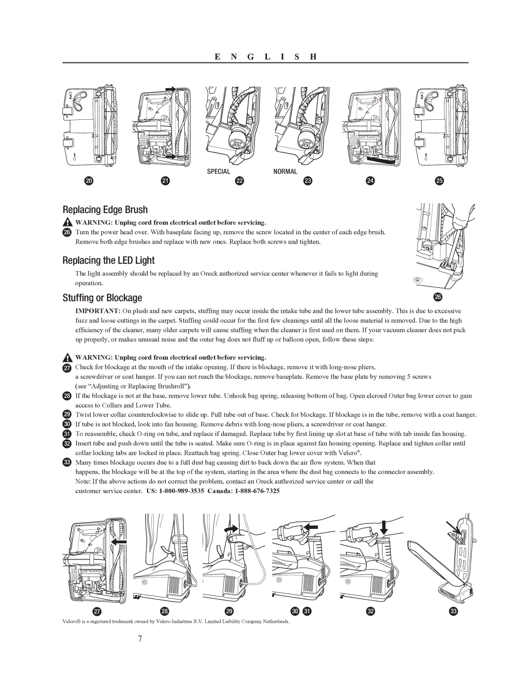 Oreck 79052-01REVA manual Replacing Edge Brush, Replacing the LED Light, Stuffing or Blockage 