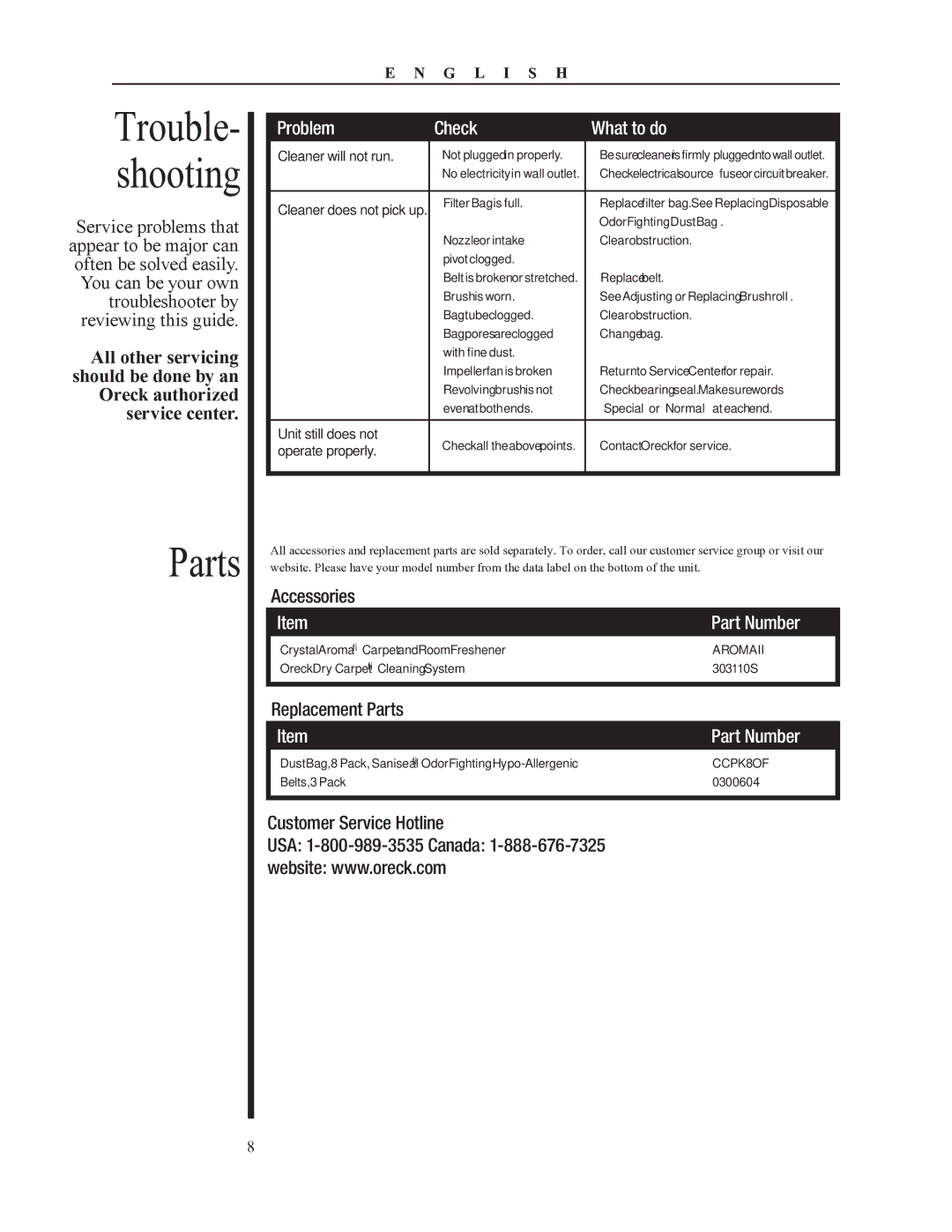 Oreck 79052-01REVA manual Parts, Problem Check What to do, Part Number 