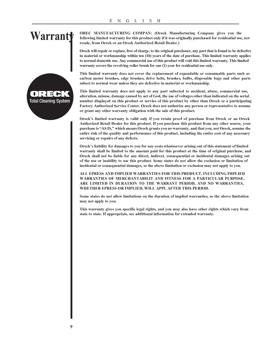 Oreck 79052-01REVA manual Warranty, Total Cleaning System 