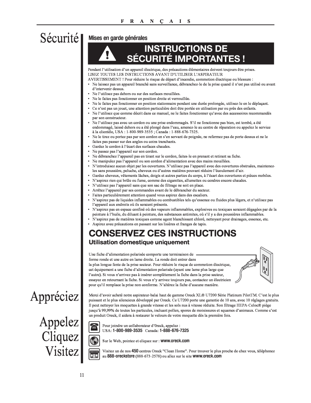 Oreck 79052-01REVA manual Sécurité Appréciez Appelez Cliquez Visitez, Instructions De Sécurité Importantes, F R A N Ç A I S 