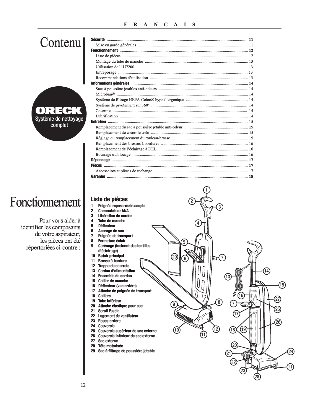 Oreck 79052-01REVA manual Contenu, Fonctionnement, Liste de pièces, complet, Système de nettoyage, F R A N Ç A I S 