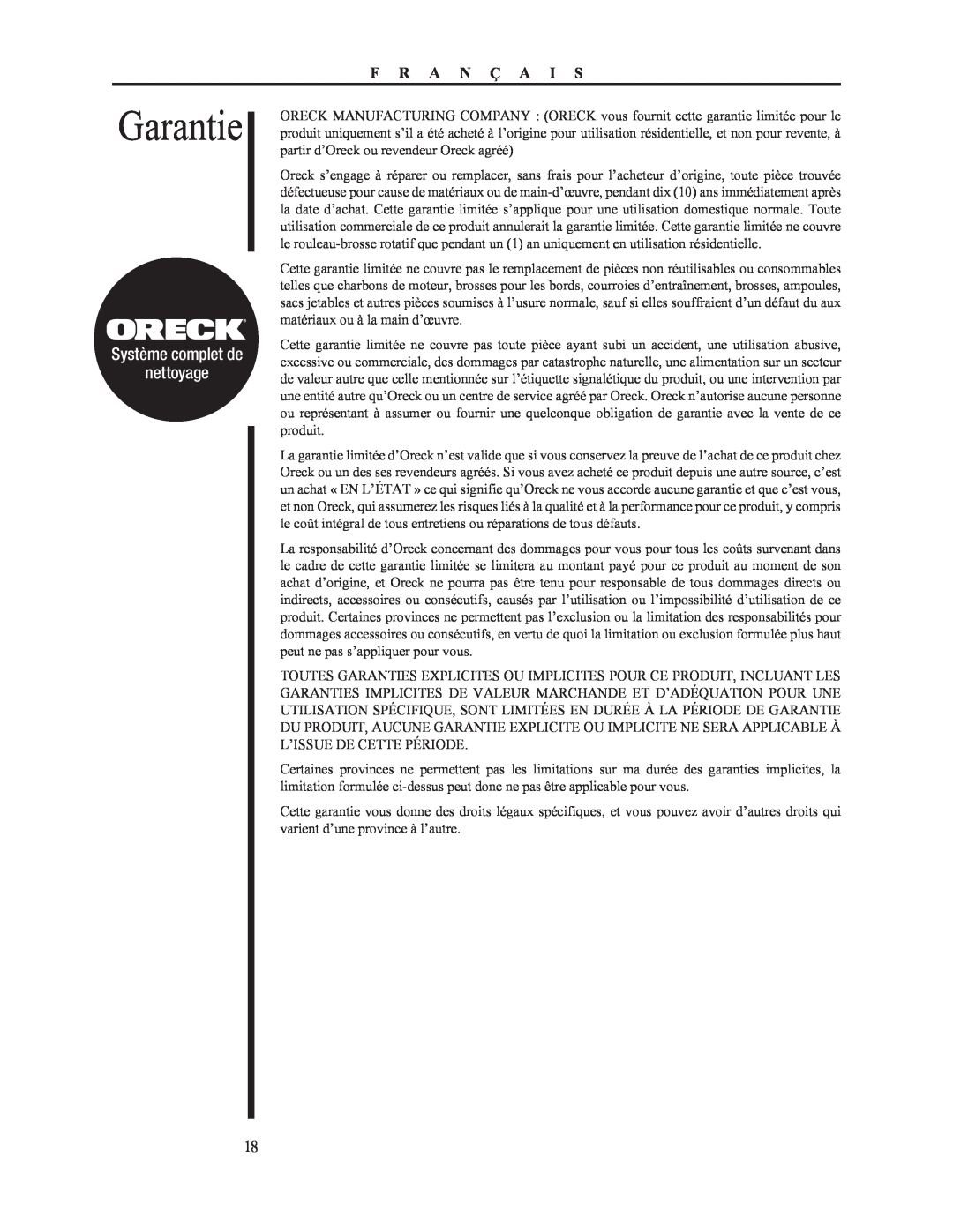Oreck 79052-01REVA manual Garantie, Système complet de nettoyage, F R A N Ç A I S 
