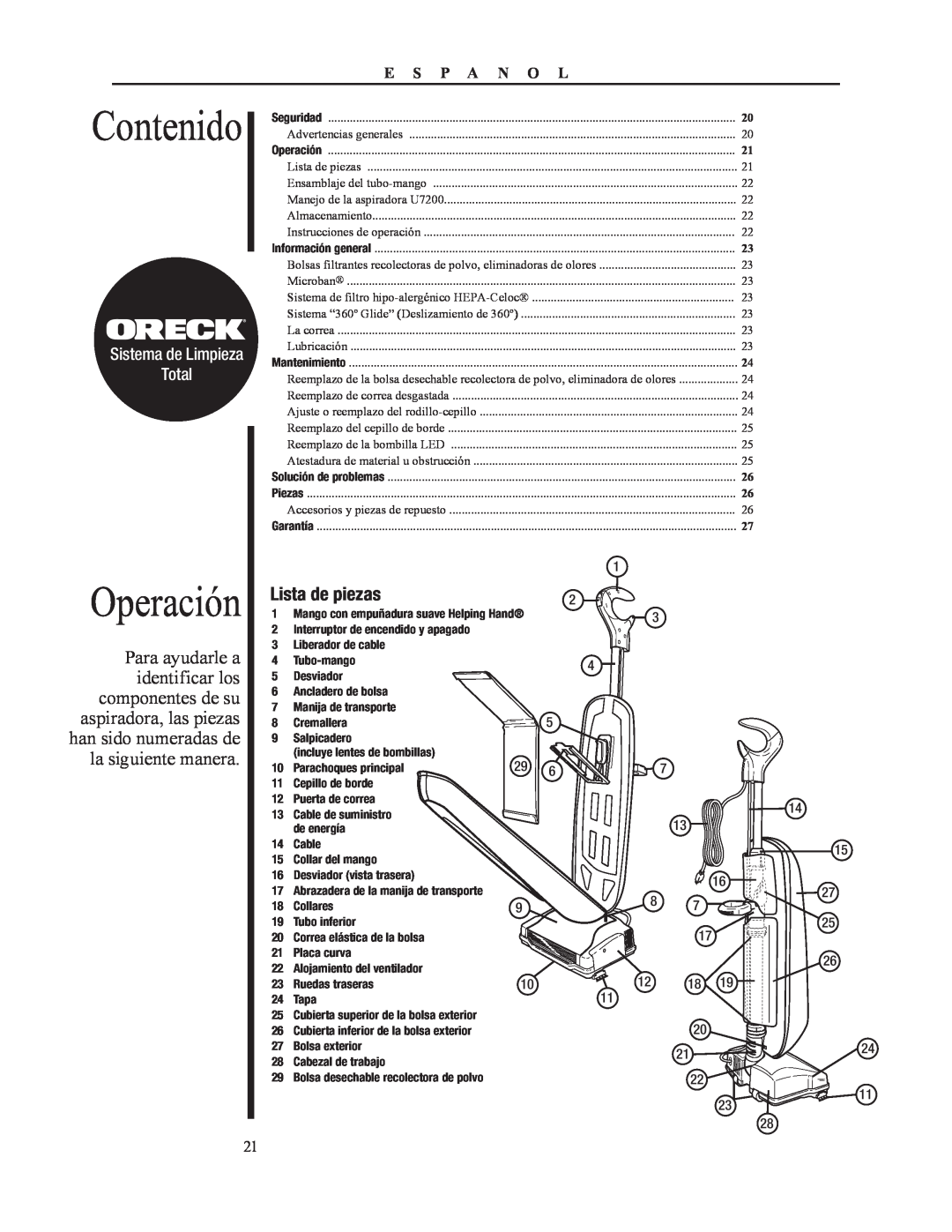 Oreck 79052-01REVA manual Contenido, Operación, Lista de piezas, Sistema de Limpieza Total, E S P A N O L 
