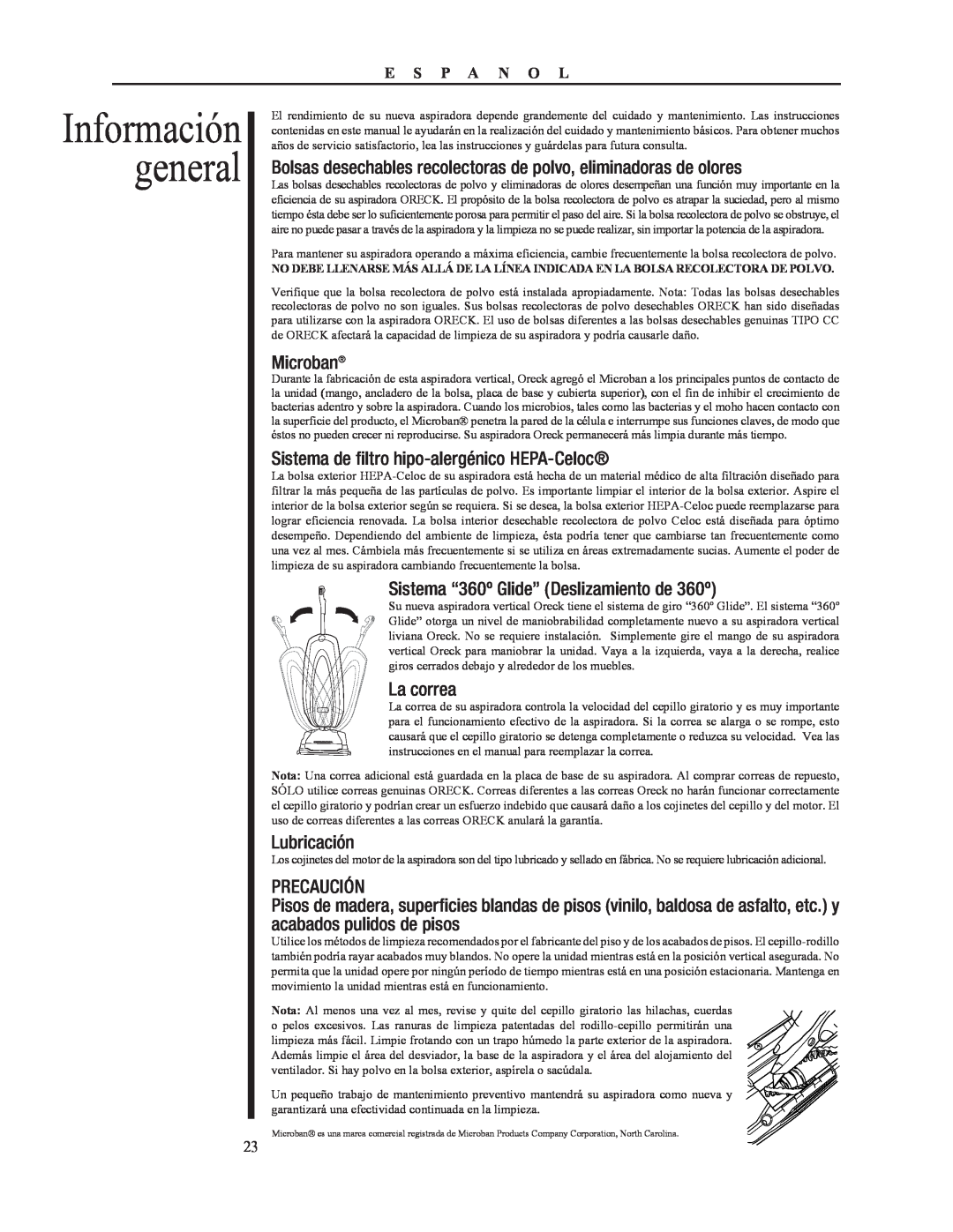 Oreck 79052-01REVA Información general, Sistema de filtro hipo-alergénico HEPA-Celoc, La correa, Lubricación, Precaución 