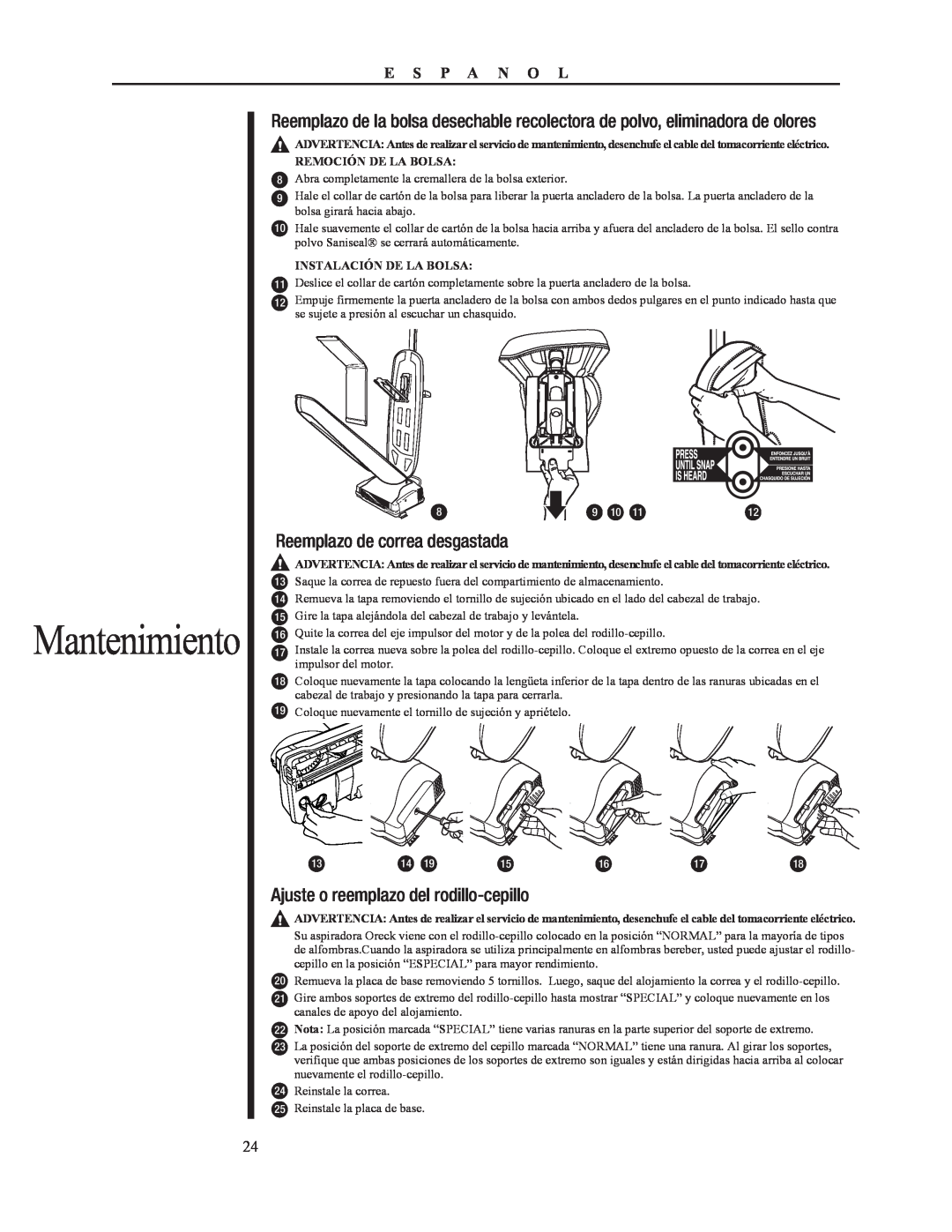 Oreck 79052-01REVA manual Mantenimiento, Ajuste o reemplazo del rodillo-cepillo 