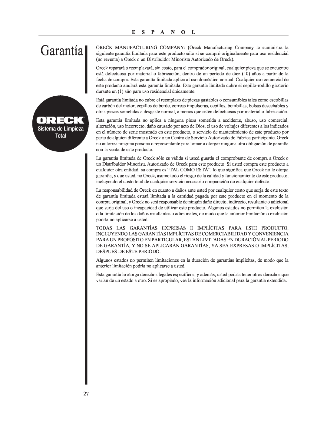 Oreck 79052-01REVA manual Garantía, Sistema de Limpieza Total, E S P A N O L 