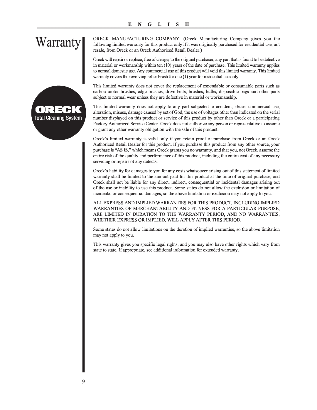 Oreck 79052-01REVA manual Warranty, Total Cleaning System, E N G L I S H 