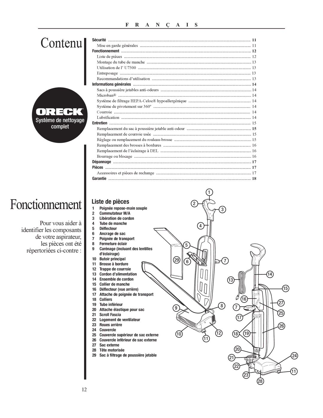 Oreck 79053-01REVA manual Contenu, Fonctionnement, Liste de pièces, Complet 