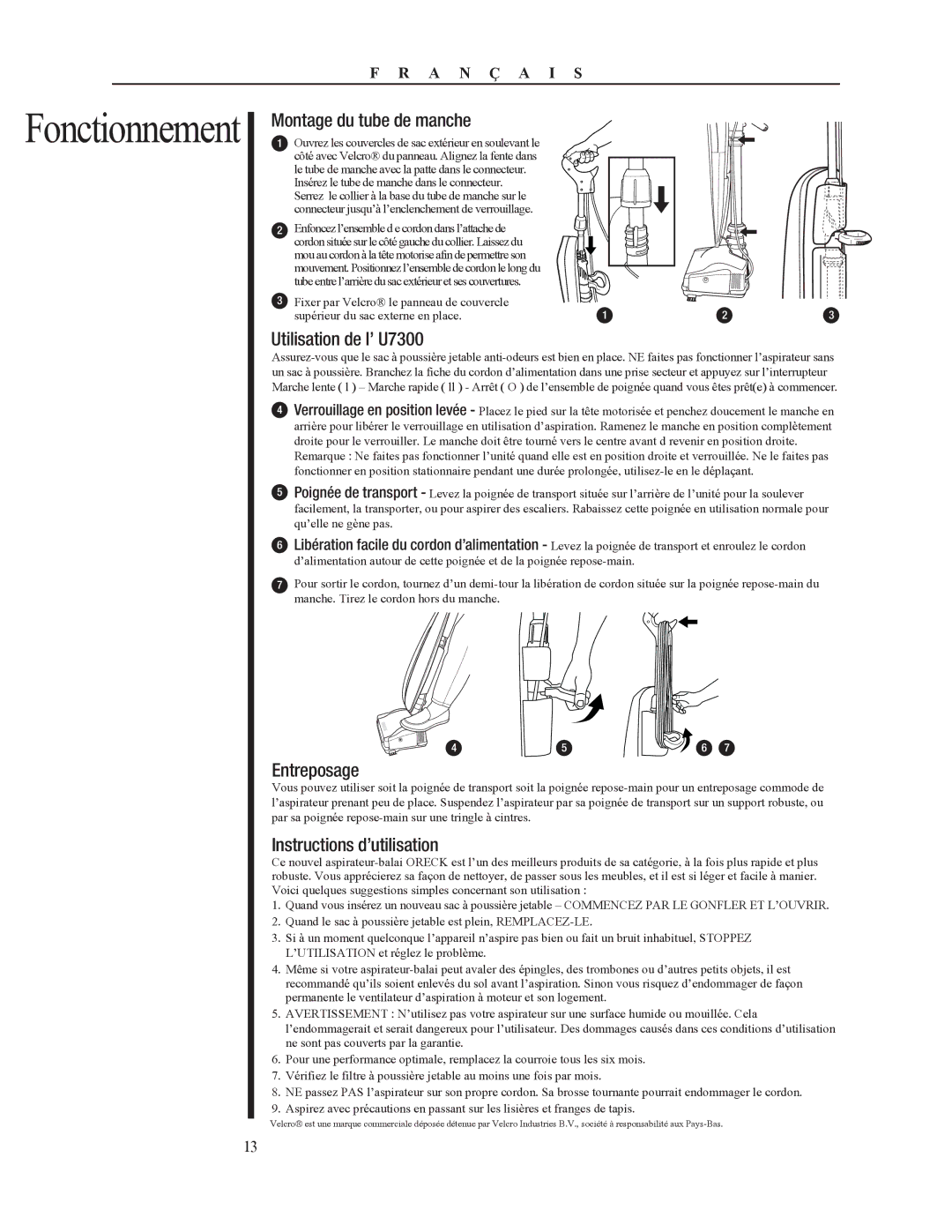 Oreck 79053-01REVA manual Montage du tube de manche, Utilisation de l’ U7300, Entreposage, Instructions d’utilisation 